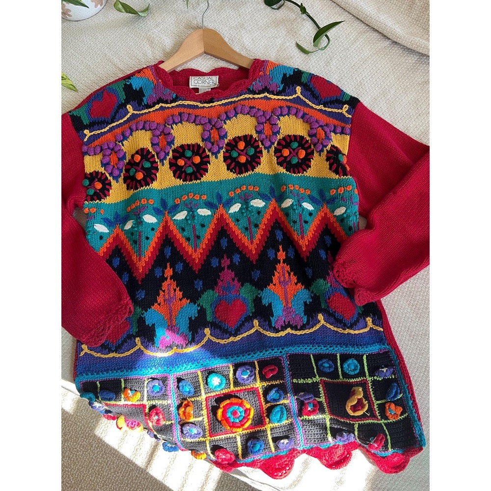 Vintage 80s Colorful Funky Floral 3D Knit Crochet Sweater - Picture 10 of 10